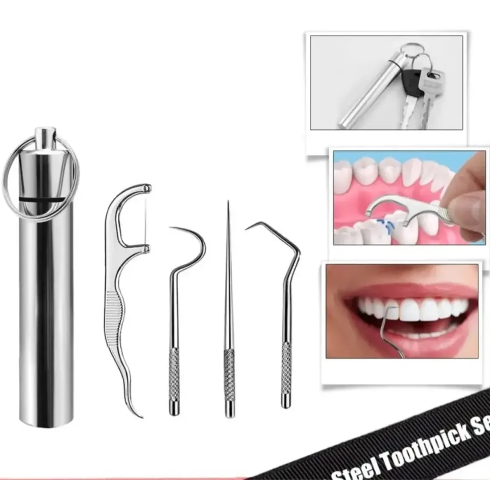 04 Pcs/set Stainless Steel Toothpick Set with Keychain